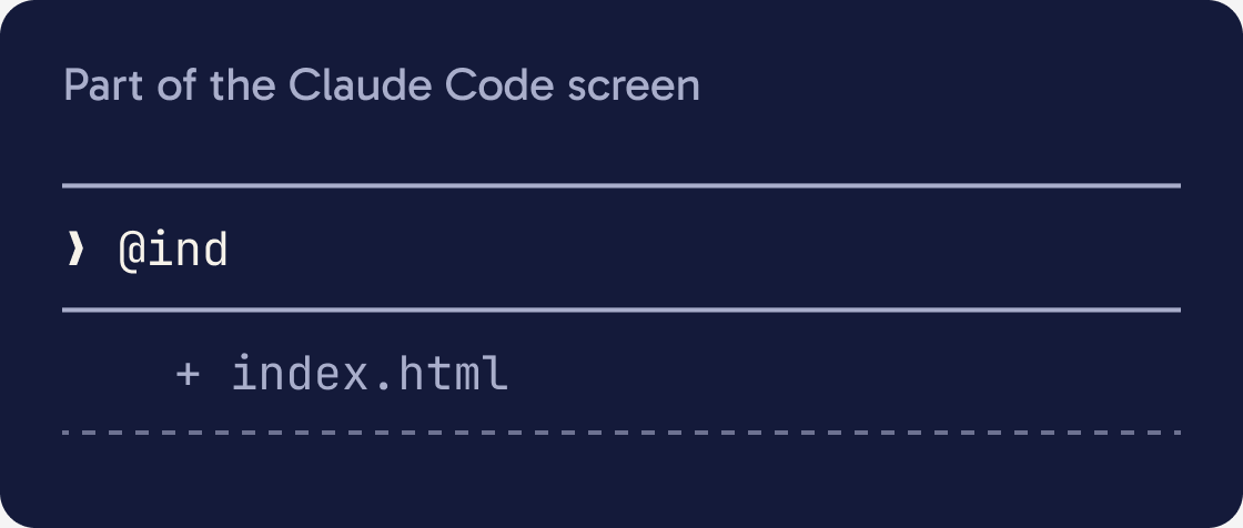 The Claude Code input box with @ind typed. Under the box, index.html is offered as a match.