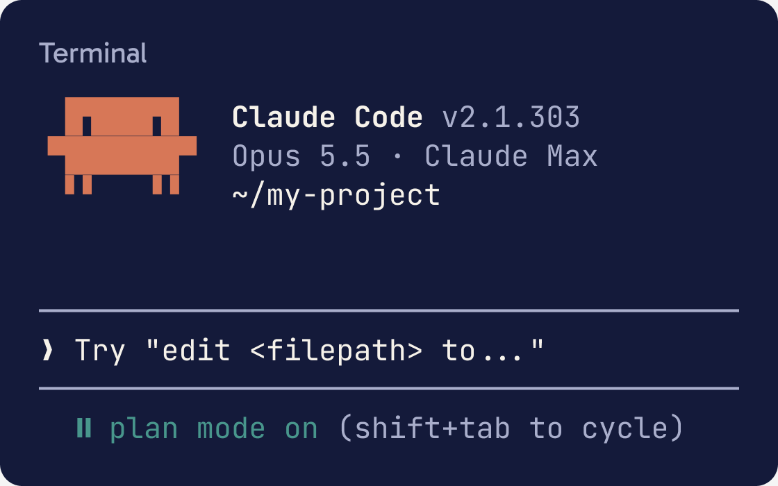 Claude Code with an empty input box. The status bar under it says plan mode on (shift+tab to cycle).