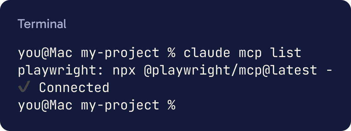 Terminal running claude mcp list, showing playwright with a tick and Connected.