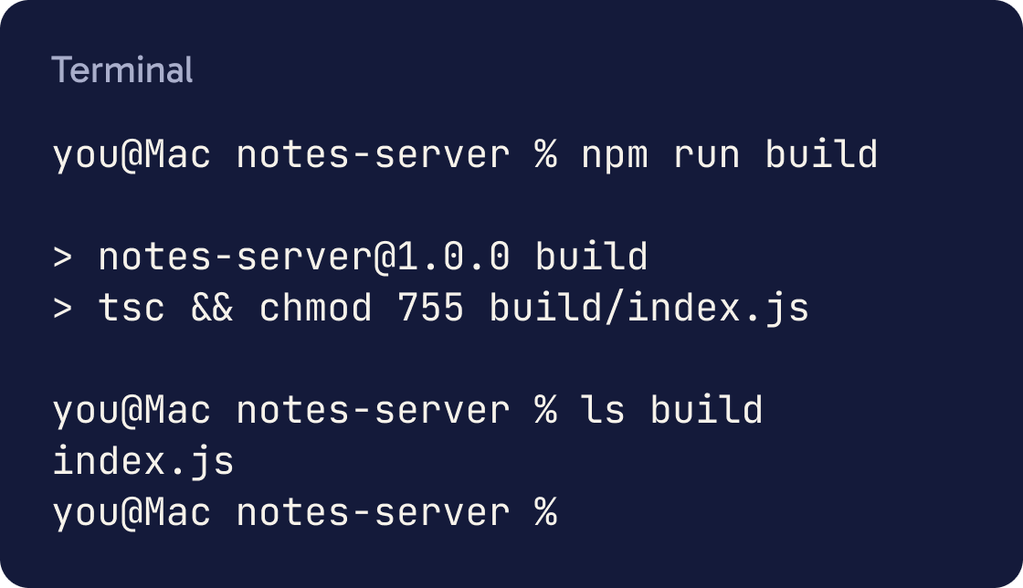 A terminal running npm run build. npm prints two lines for the build script and nothing else. ls build then lists index.js.