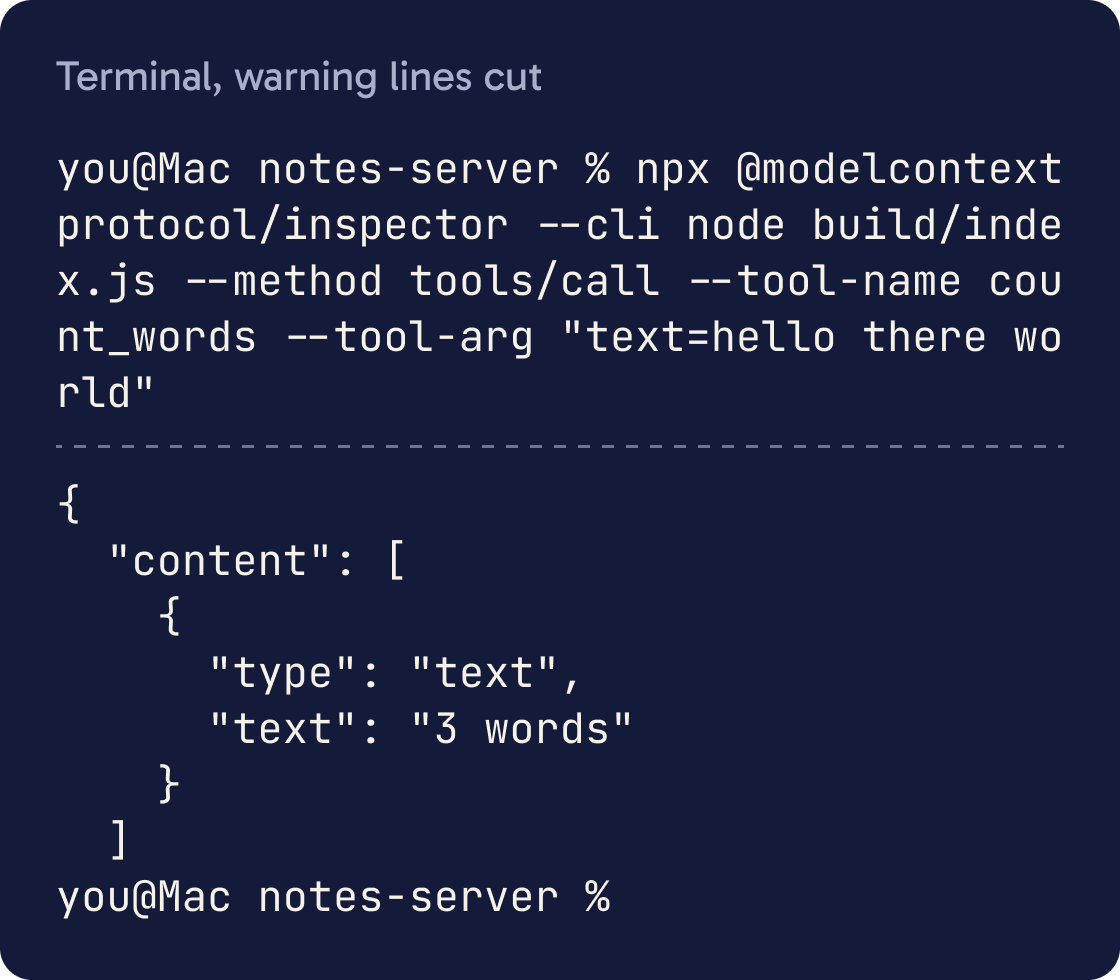 A terminal running the MCP Inspector command line call to count_words with the text hello there world. The reply is JSON with type text and text 3 words.