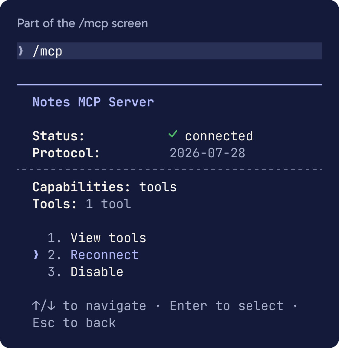 The notes server screen inside /mcp in Claude Code. Status is connected, Tools is 1 tool, and Reconnect is picked in the menu.