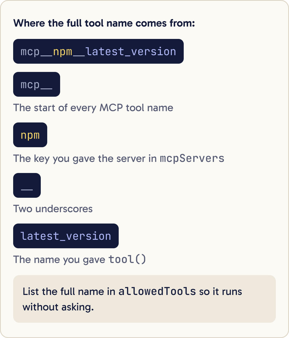 A diagram splitting the tool name mcp__npm__latest_version into four parts: mcp__, the server key npm, two underscores, and the tool name latest_version.