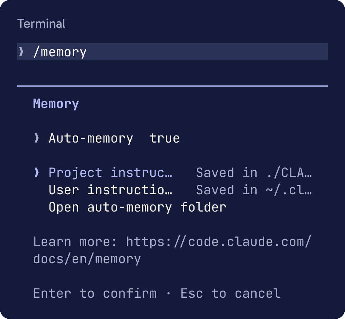 The /memory menu. It shows the auto memory switch set to true, then Project instructions, User instructions and Open auto-memory folder.
