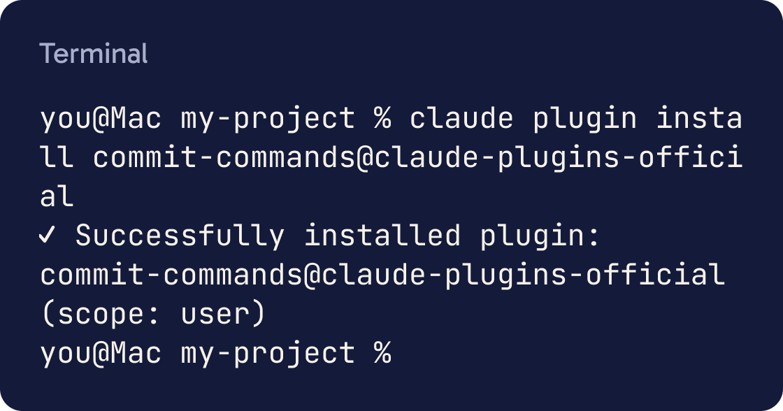 Terminal. claude plugin install commit-commands@claude-plugins-official, then the reply: ✔ Successfully installed plugin: commit-commands@claude-plugins-official (scope: user).