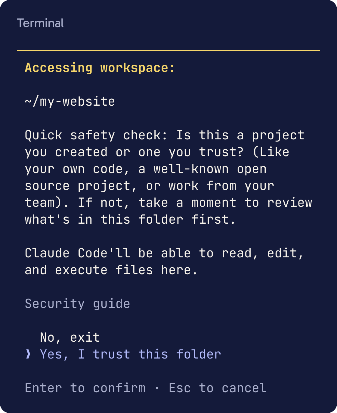 Claude Code asking if you trust the folder ~/my-website, with Yes, I trust this folder picked.