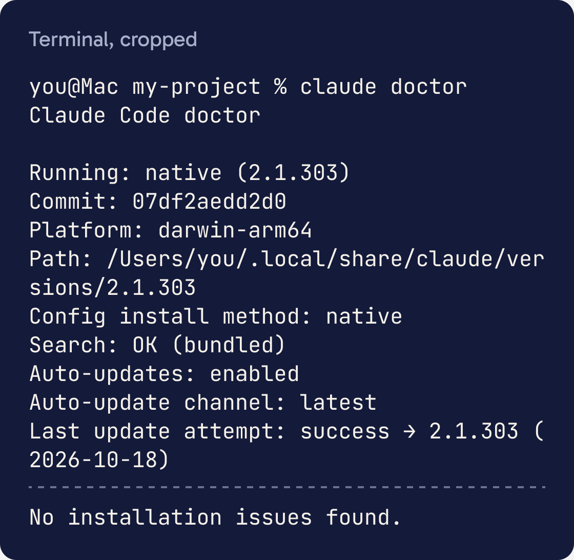 Part of the output of claude doctor in a Mac terminal. It lists the version, platform and install path, then ends with No installation issues found.