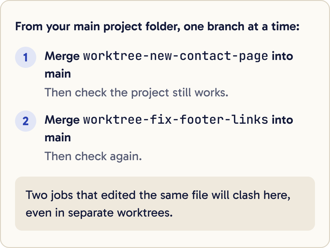 From your main project folder, one branch at a time. 1, merge worktree-new-contact-page into main, then check the project still works. 2, merge worktree-fix-footer-links into main, then check again. Two jobs that edited the same file will clash here, even in separate worktrees.