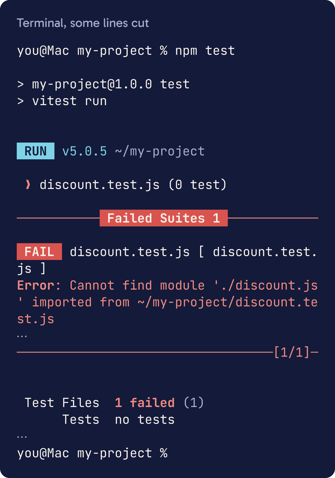 Terminal output of npm test with Vitest. The test file fails with Cannot find module ./discount.js, and the summary says Test Files 1 failed.
