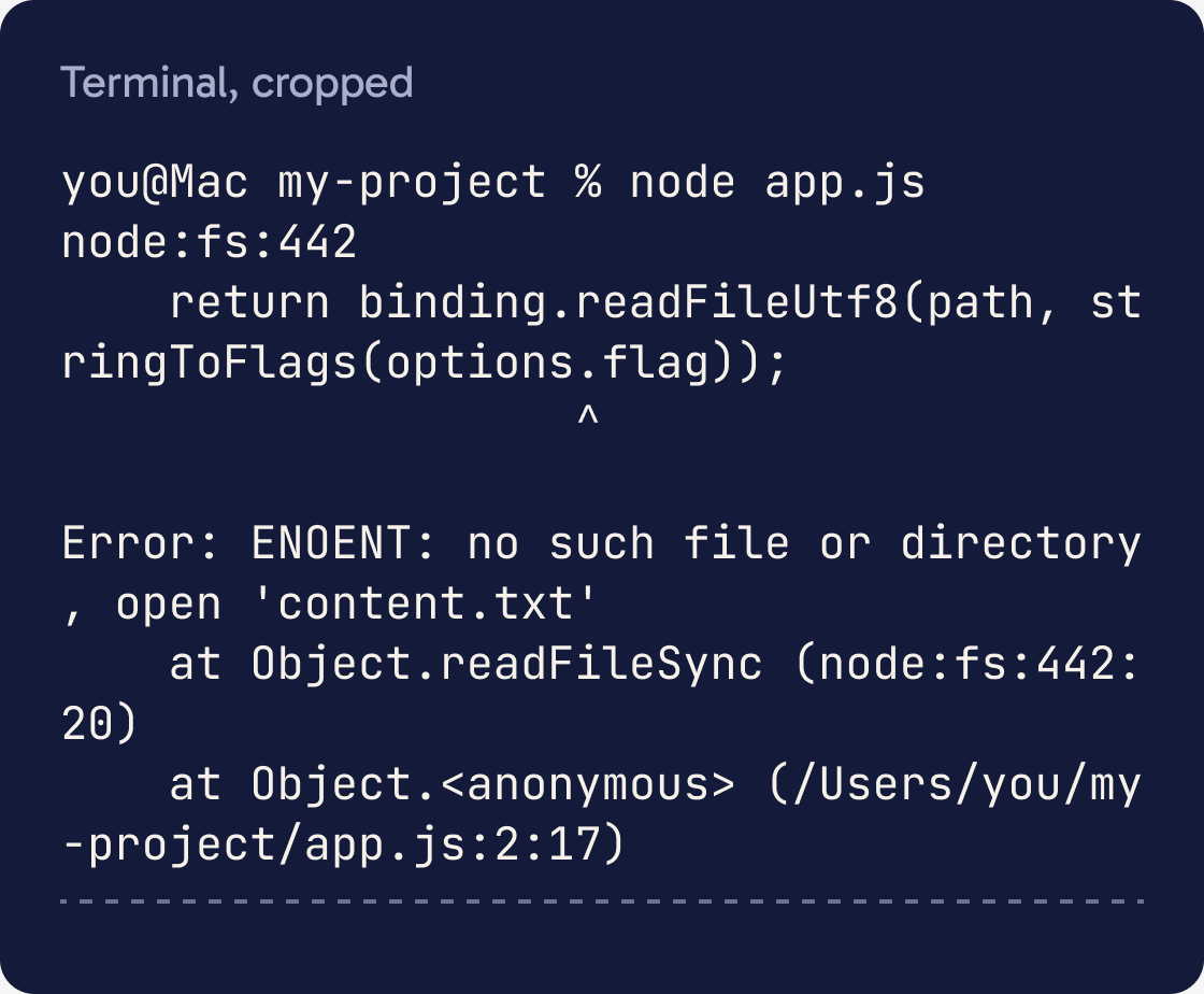A Mac terminal after node app.js. The error says Error: ENOENT: no such file or directory, open content.txt, and the next lines name app.js line 2.